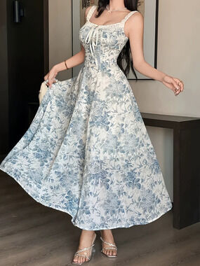 Zara Summer Chiffon Print Waist Cinched Flared Maxi Dress